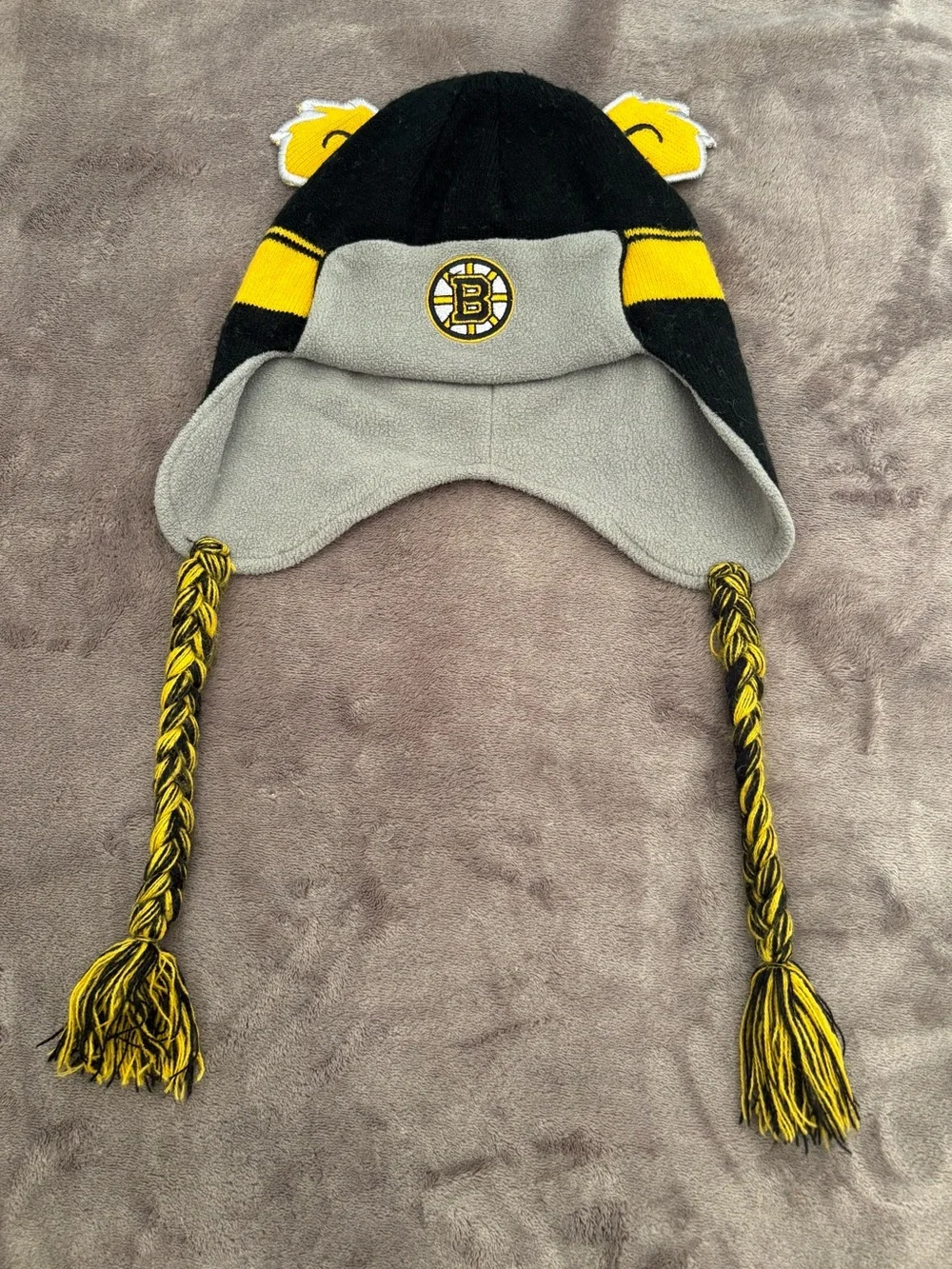 NHL Boston Bruins Earflap Knit Hat in Black, Yellow & Gray